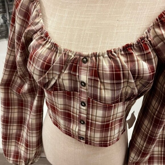 Love Tree Large Cropped Plaid Off-Shoulder Top - Red and Cream - Picture 4 of 5